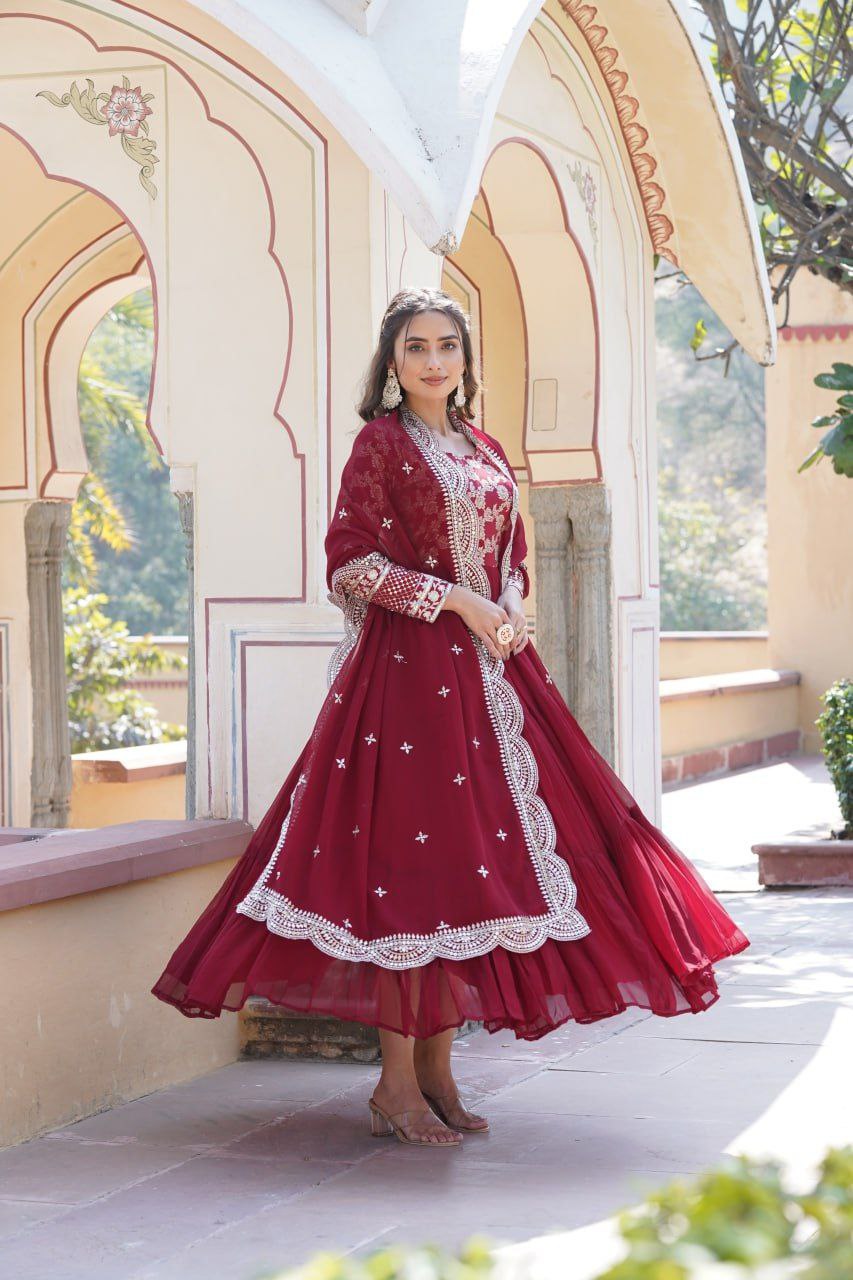 Blossom Brilliance Sequined Maroon Anarkali Gown Set