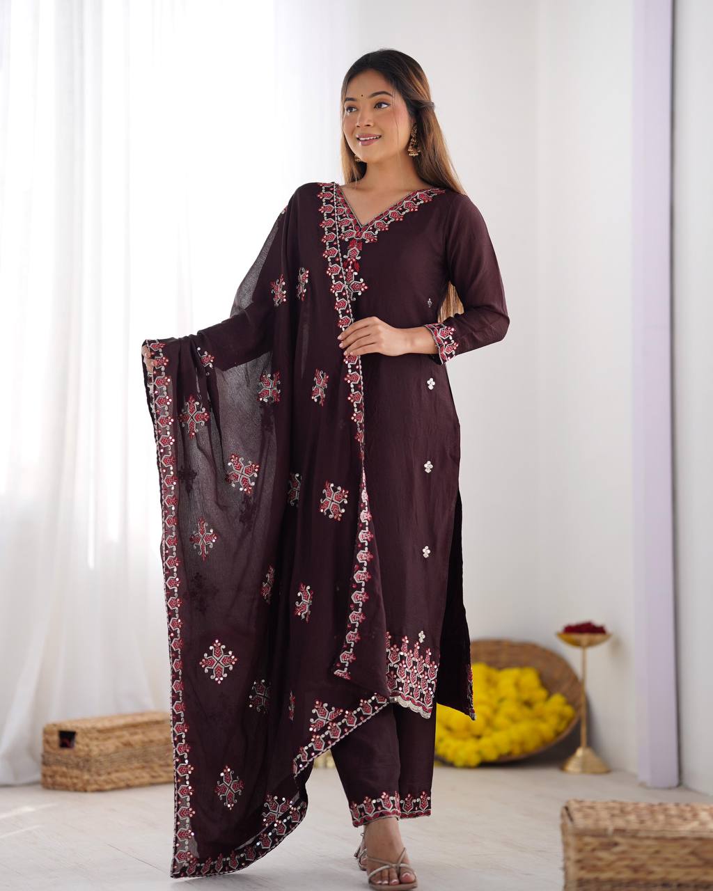 Anvitha Brown Chinon Silk Kurti Set with 5mm sequin embroidery, lace detailing & dupatta – festive ethnic wear for women.
