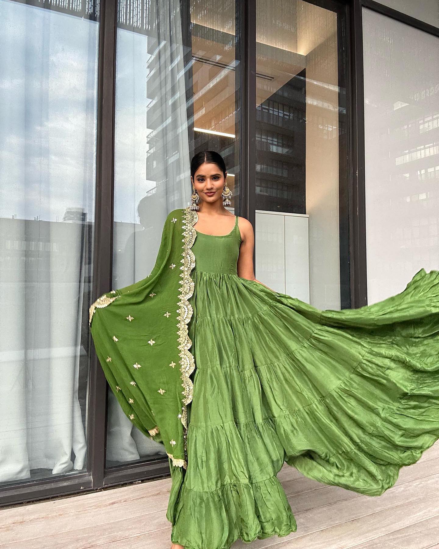 Emerald Elegance Green Anarkali Faux Georgette Ruffle Flair Gown Set